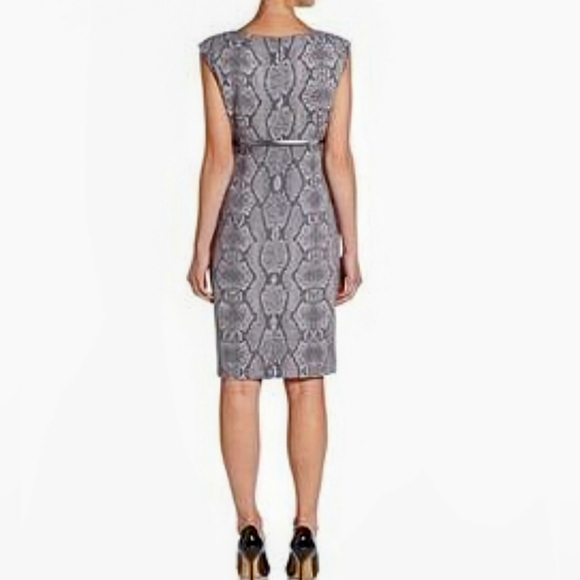Calvin Klein, NWT, Gray, Snakeskin Print, Belted Sheath Dress, Size 12 - Picture 3 of 14